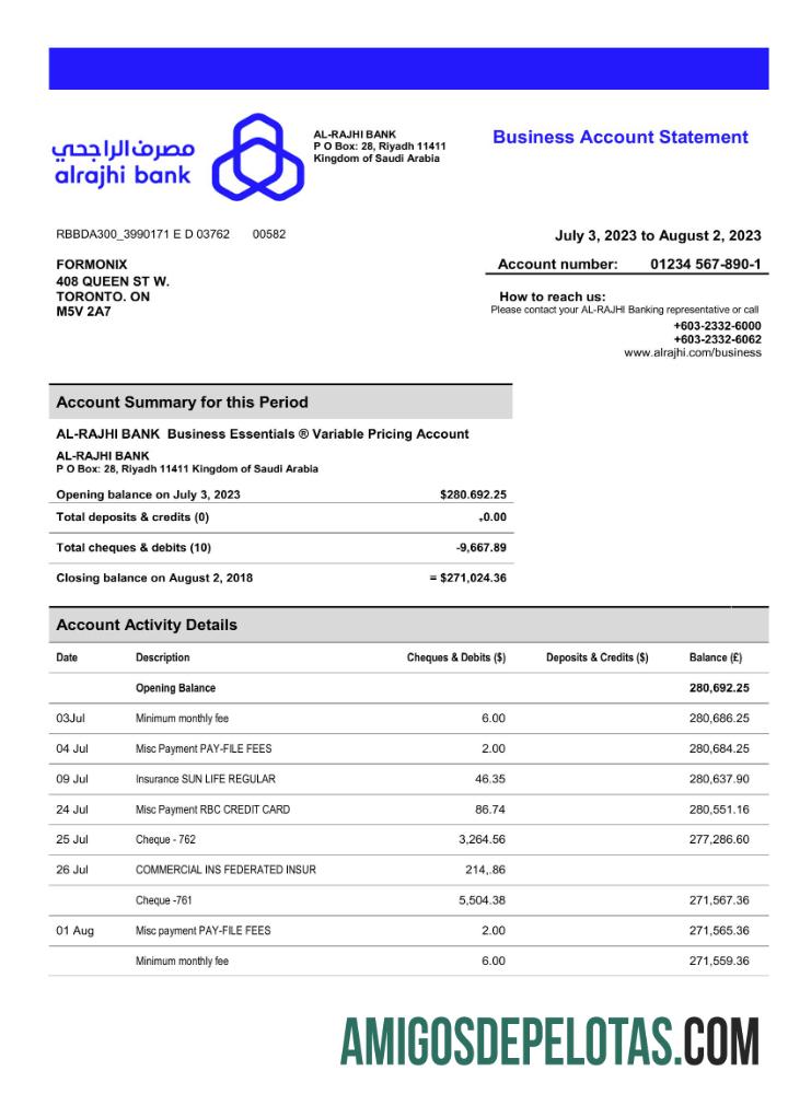 Imprimível Al Rajhi Bank Company Extracto de conta modelo Word e PDF